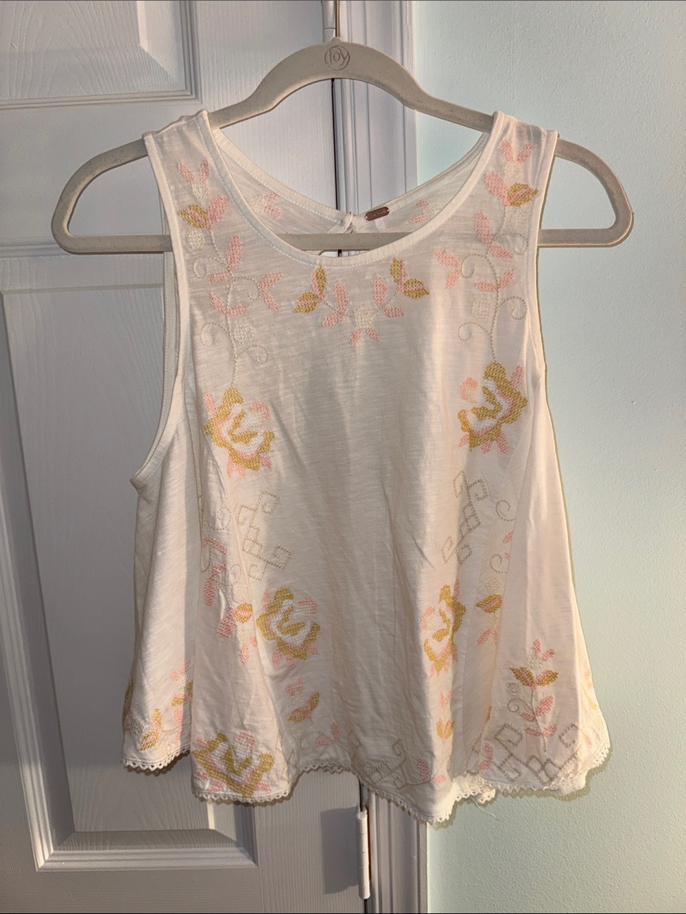 Free People White Tank Top with Pink and Yellow Floral Embroidery